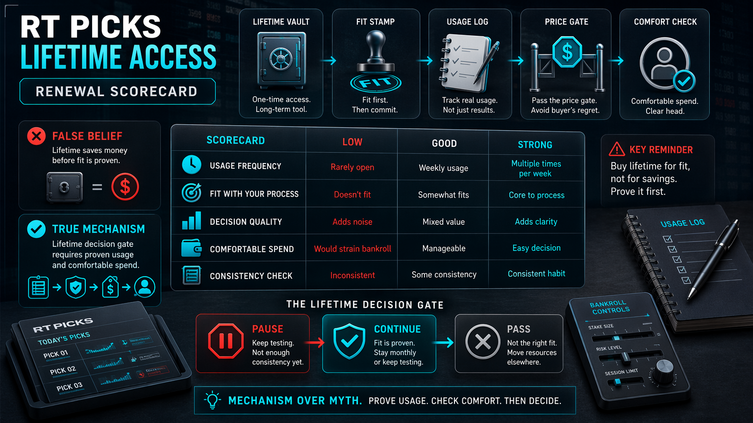 RT Picks Lifetime Access: When the $1,000 Option Is Rational renewal scorecard infographic