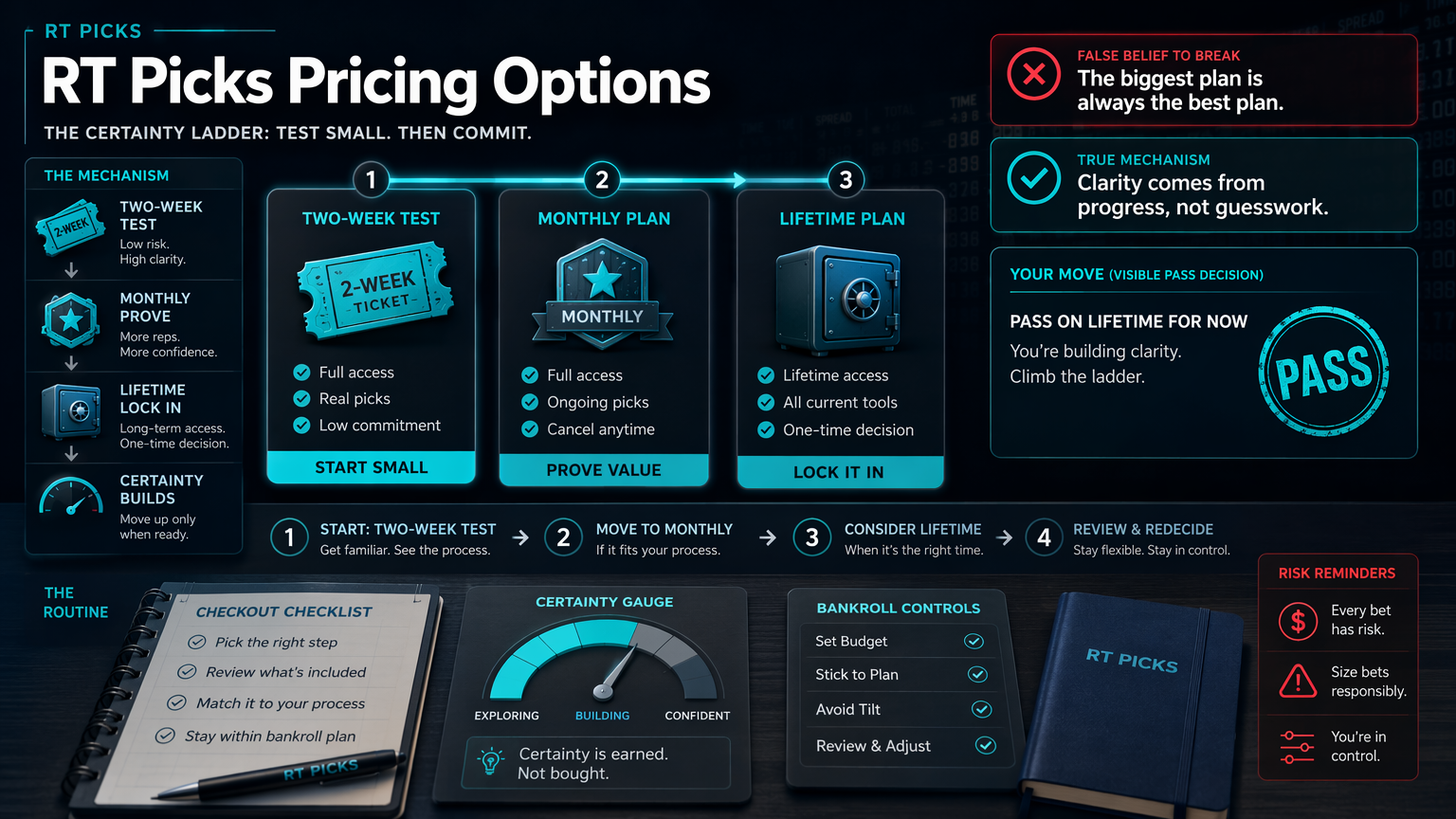 RT Picks Pricing: 2-Week, Monthly, or Lifetime? operating routine infographic