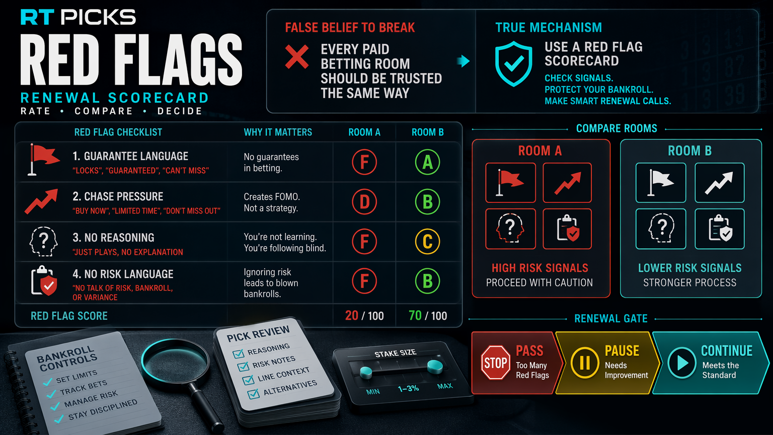 Red Flags Before Joining Any Sports Picks Community renewal scorecard infographic