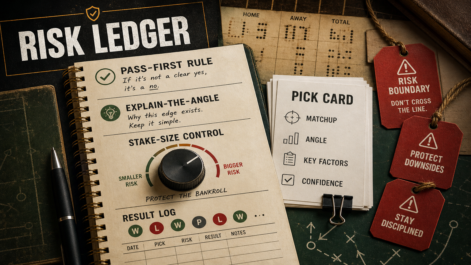Bankroll risk ledger infographic with pass-first rule, explain-the-angle note, stake-size control, pick card, and risk boundary tags.
