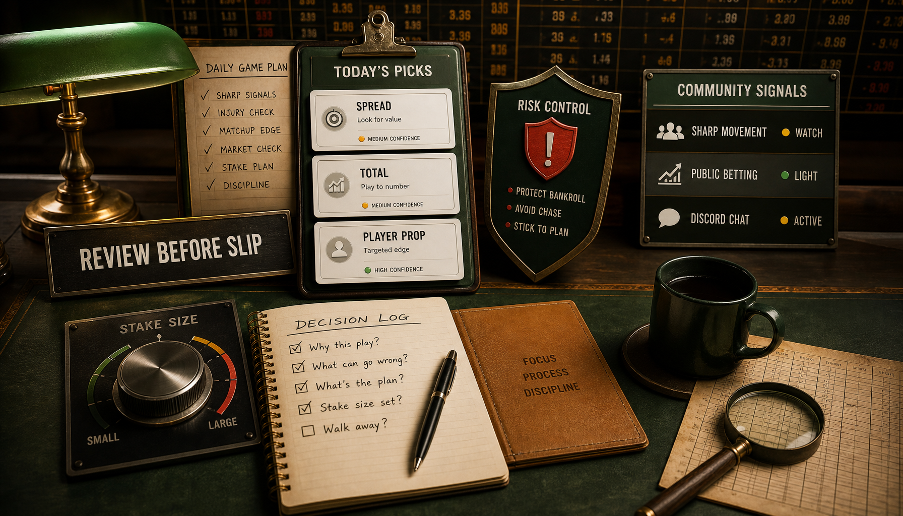 RT Picks review room infographic showing daily picks, risk control, stake size, community signals, and a decision log.