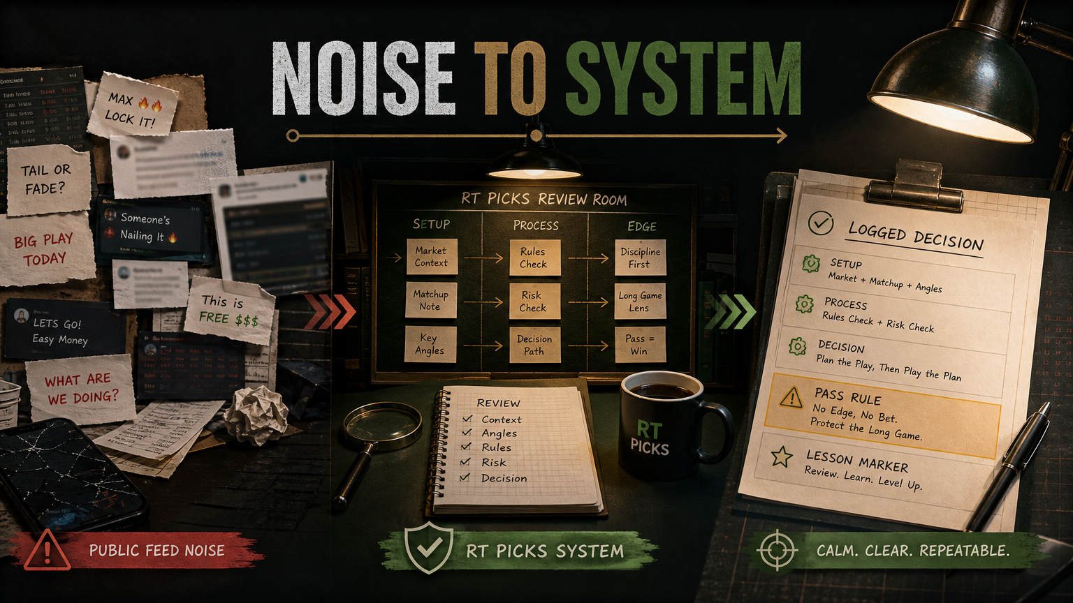 Infographic showing public feed noise turning into an RT Picks pick review system and logged decision.