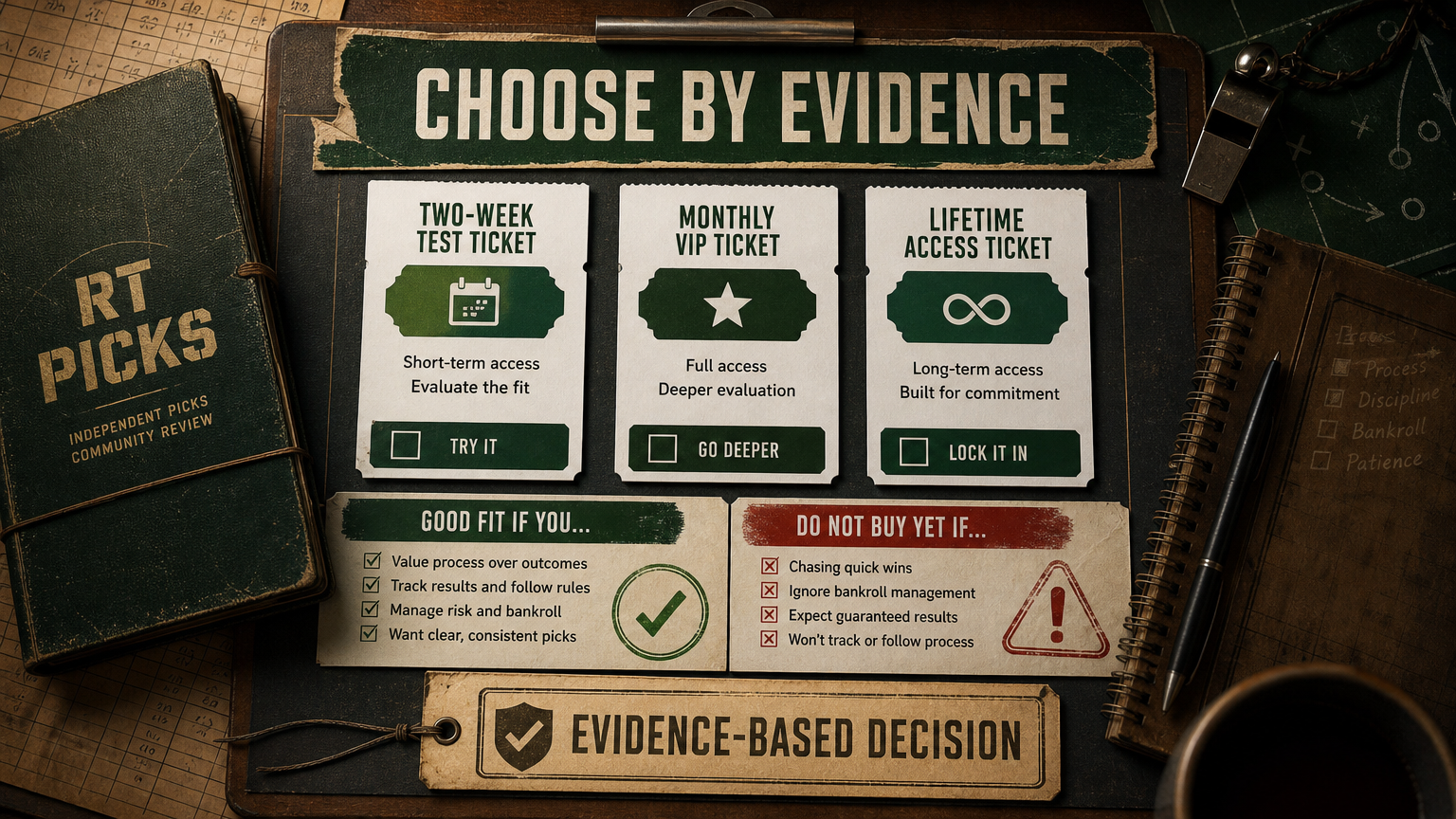 RT Picks plan selector infographic comparing two-week VIP, monthly VIP, lifetime access, good fit, and do-not-buy-yet warnings.