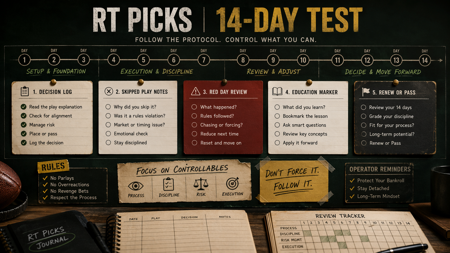 RT Picks 14-day test protocol infographic with decision log, skipped play notes, red day review, education marker, and renew-or-pass checklist.